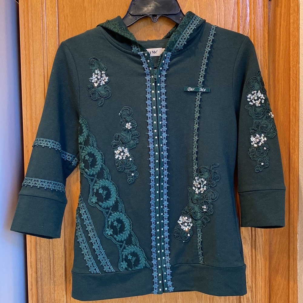 3 for $12 Per Me Hunter Green Hooded Zipper Sweat Jacket w/Sequins & Lace Sz S/M